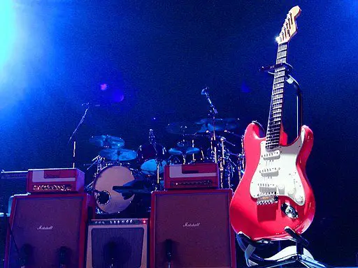 Red Fender Stratacastor electric guitar.
