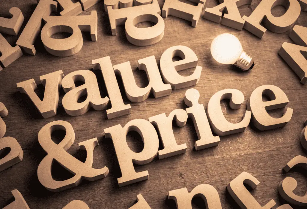 Wooden letters arranged as "value & price"