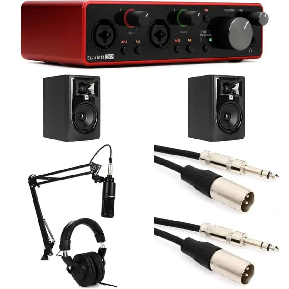 Focusrite Scarlett 2i2 Gen 3, JBL LSR 305, & AT-2020