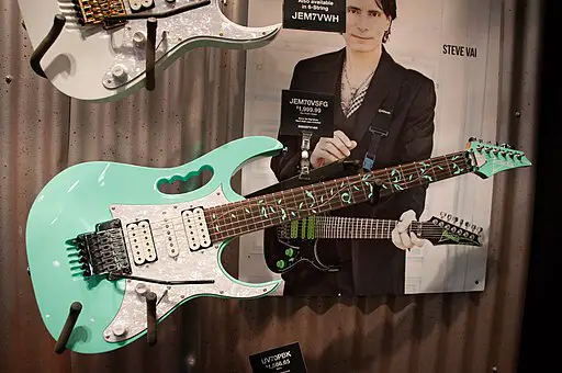 A Steve Vai Ibanez guitar with decorative Tree of Life inlays