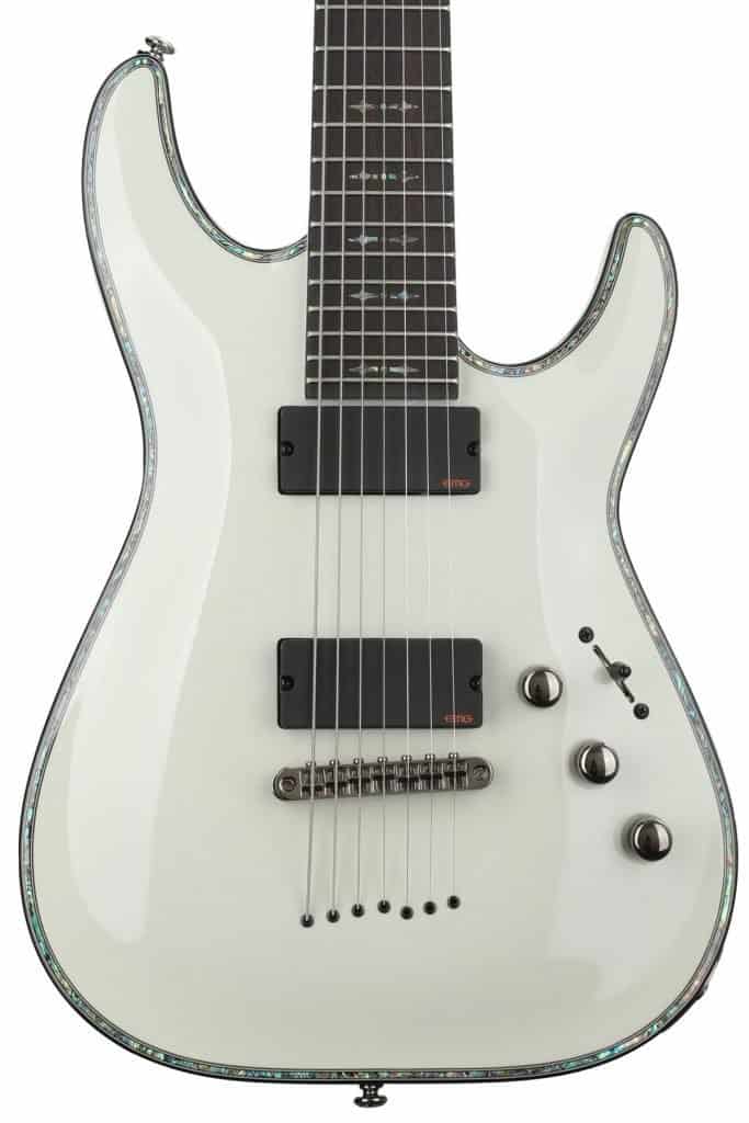 A white, 7-string electric guitar