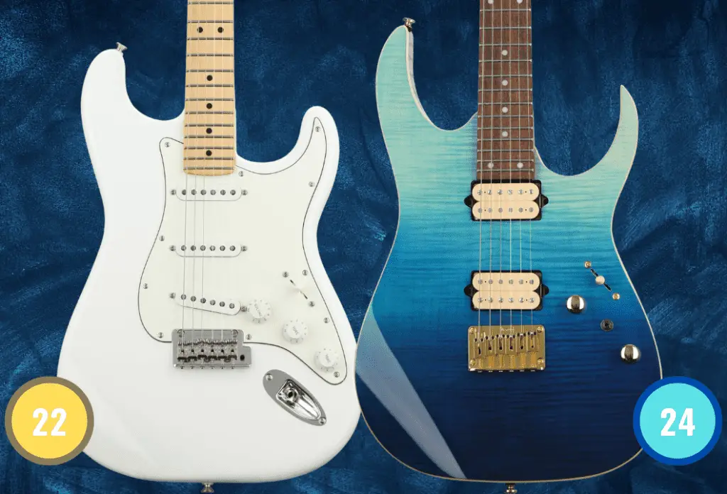 A 22-fret Fender Stratocaster and a 24-fret Ibanez electric guitars side by side