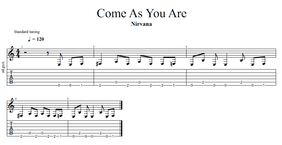 Tablature of Nirvana's "Come As You Are" guitar riff