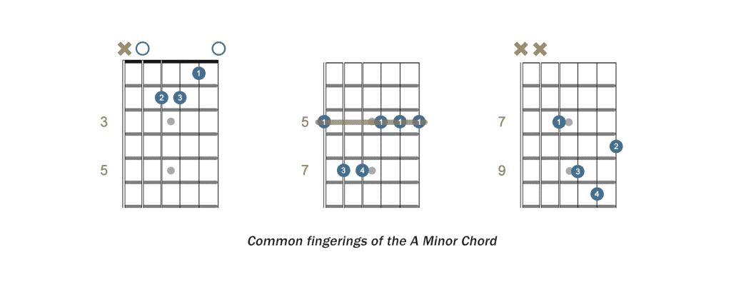 Common guitar fingerings of the A minor chord