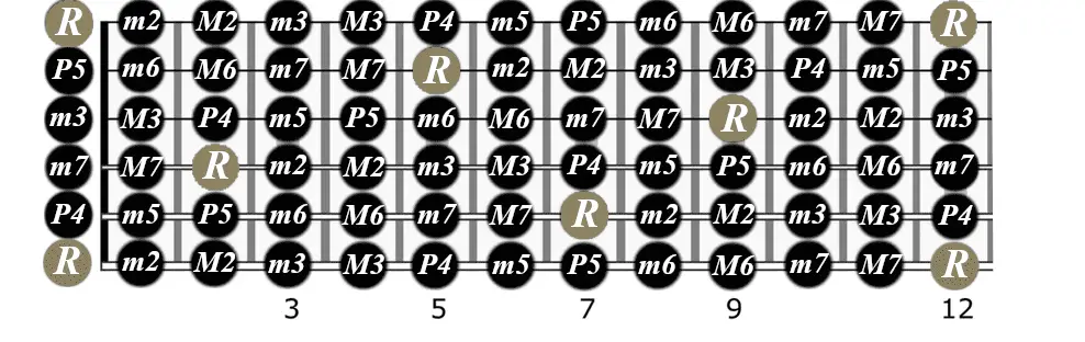 All the intervals in different strings up to the twelfth fret