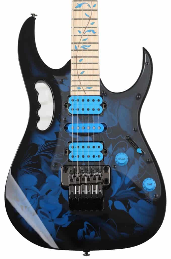 The Ibanez JEM77 in blue floral pattern with basswood body, maple neck, maple fingerboard, two humbucking and one single coil pickups.