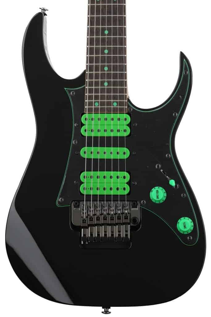 The UV70P 7-string with basswood body, 5-pc Maple/Walnut Wizard 7 Neck, Rosewood Fingerboard, and DiMarzio Blaze Pickups